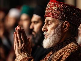 Imam prepares start Maghrib prayer hands raised in Takbir while worshippers express devotion in beautifully decorated mosque during Eid festivities photo