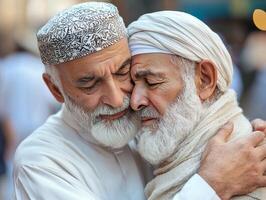 Close up of Imam comforting grieving man in mosque sharing words of support and offering prayers during meaningful Eid al Fitr celebration photo