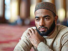 compassionate Imam offers support and prayers grieving man in mosque fostering connection and solace during difficult time photo