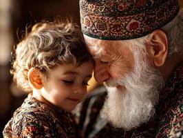 elderly Muslim man smiles affectionately as he holds small orphaned child close photo