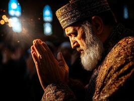 close up of Imam standing in mosque hands raised in preparation for Takbir during Maghrib prayer. Worshippers behind him are immersed in silent devotion photo