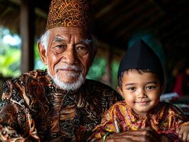 elderly Muslim man smiles warmly while holding orphaned child in moment of joy and care. soft sunlight illuminates their expressions during Eid festivities photo