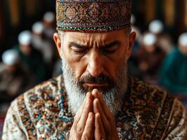 close up view of Imam preparing lead Maghrib prayer hands raised in Takbir. Devoted worshippers are gathered behind him reflecting calm and unity in mosque photo