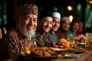 group of friends gather in mosque break their fast before evening prayer sharing dates and enjoying each other's company while celebrating Eid al Fitr photo