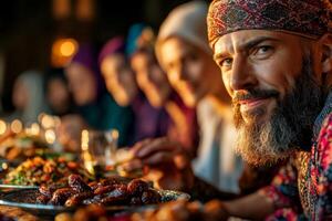 group of friends enjoys their iftar meal in mosque filled joy and laughter as they break their fast before evening prayer. Plates of dates and water highlight festive gathering photo