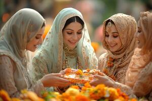 group of Muslim women dressed in colorful abayas and hijabs joyfully exchanges Eid gifts while laughing together creating warm and cozy atmosphere during celebration of Eid al Fitr photo