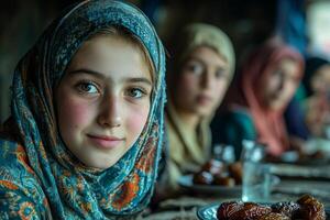 group of friends enjoys breaking their fast together in mosque celebrating Eid al Fitr smiles dates and water in front of them before evening prayer photo