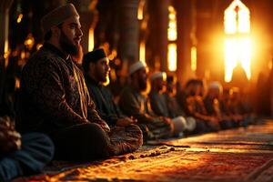 group of young Muslim men sits cross legged in tranquil mosque engaging in thoughtful discussion about religious teachings. warm lighting enhances peaceful atmosphere photo