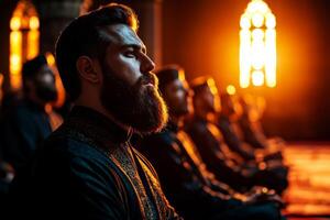 After completing their prayers group of young Muslim men sits cross legged in mosque engaged in meaningful discussions about religious teachings amidst warm lighting photo