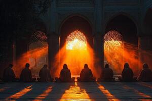 Young Muslim men sit cross legged in mosque sharing insights and teachings after prayer. Warm light fills space creating peaceful atmosphere during Eid al Fitr celebrations photo
