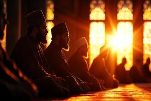 Young Muslim men sit cross legged in mosque engaging in heartfelt discussions about religious teachings after completing their prayers illuminated warm natural light photo