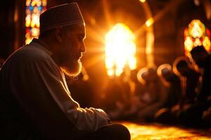 After prayers young Muslim men sit cross legged in warm light of mosque engaging in meaningful discussions about faith and teachings during Eid al Fitr photo