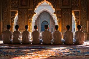 group of young Muslim men sit cross legged in mosque discussing religious teachings after prayer warm lights enjoying peaceful atmosphere photo