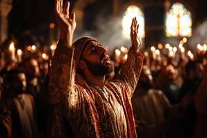 group of worshippers is gathered in mosque during Laylatul Qadr their hands raised in fervent supplication creating sacred atmosphere candlelit surroundings photo