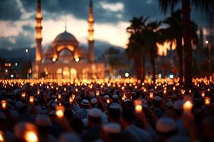 group of worshippers illuminated candlelight gathers in mosque during Laylatul Qadr raising their hands in heartfelt supplication and seeking spiritual connection photo