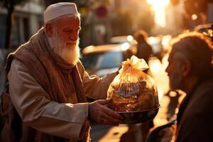 In warm afternoon glow Muslim man in white thobe hands bag of food homeless person on bustling city street exemplifying kindness and compassion photo