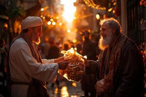 Muslim man in white thobe offers bag of food homeless individual in warm afternoon setting embodying kindness in moment of generosity and community spirit photo