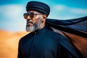 In open desert landscape man wearing dark blue jubba and taqiyah cap stands proudly as gentle wind lifts fabric of his robe embodying spirit of Eid photo