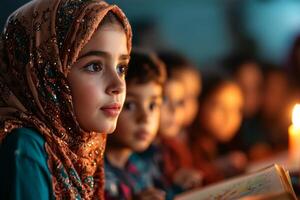 Muslim woman dressed in traditional attire reads storybook group of captivated orphaned children their faces glowing wonder and joy as they listen attentively photo