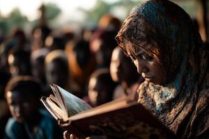 Muslim woman in hijab reads storybook captivated group of orphaned children their faces reflecting joy and curiosity during cultural celebration highlighting community and togetherness photo