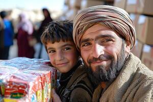 In refugee camp Muslim father and son eagerly distribute school supplies underprivileged children sharing smiles filled joy and appreciation during meaningful act of kindness photo
