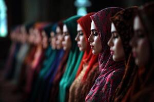 row of Muslim women prays in mosque showcasing colorful abayas and headscarves. Their synchronized movements highlight unity of faith during Eid al Fitr celebration photo