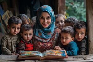 Engaging in heartwarming storytelling session Muslim woman in hijab captivates group of orphaned children vibrant storybook sparking feelings of joy and wonder among them photo