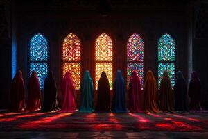 group of Muslim women dressed in vibrant abayas and headscarves gathers in mosque engaged in synchronized prayer reflecting unity and faith during religious celebration photo