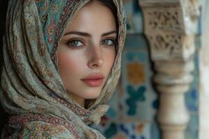 woman stands elegantly on balcony adorned traditional tiles wearing richly embroidered Moroccan kaftan and kohl eyeliner lost in thought photo