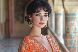 Dressed in richly embroidered Moroccan kaftan woman stands on traditional tiled balcony. Her kohl framed eyes reflect contemplation fitting for festive atmosphere of Eid al Fitr photo