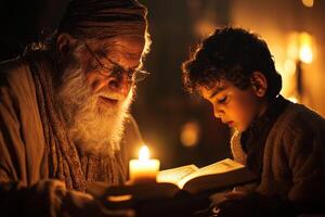 In serene home prayer space elderly man and young boy pray together Quran open on wooden stand between them illuminated warm ambient light photo