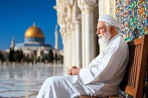 elderly man dressed in white robe and kufi cap sits thoughtfully on wooden bench in mosque courtyard. Behind him detailed mosaic tiles and golden dome enhance festive ambiance photo