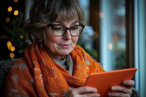 mother sits comfortably in cozy area reading heartfelt holiday card from her child warm smile. Twinkling lights enhance joyful atmosphere creating festive mood photo