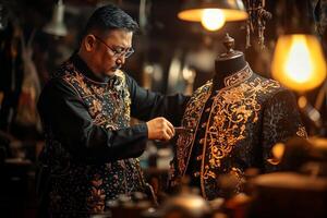 professional tailor focuses on adjusting thobe adorned intricate golden embroidery bright workshop lights preparing for upcoming celebrations during Eid al Fitr photo