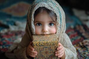 young child is carefully wrapping handmade gift for their parents in preparation for Eid al Fitr. focus is on their tiny hands and colorful wrapping paper highlighting festive excitement photo