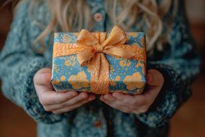 child is seen wrapping special handmade gift for their parents in celebration of Eid al Fitr showcasing their delicate hands and colorful wrapping paper photo