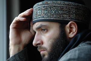man stands in front of mirror adjusting his ghutra and black agal getting ready for Friday prayer. setting reflects blend of tradition and modernity highlighting his devotion photo