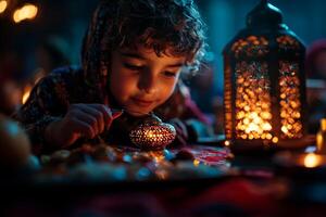 In warm and inviting atmosphere child carefully places glowing lantern on table contributing festive decor for upcoming Ramadan celebration family photo