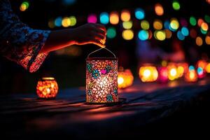Delicate hands place small glowing lantern on table as family members prepare for joyful Ramadan celebration surrounded vibrant decorations photo