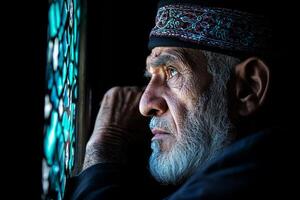 man is seen from over shoulder view as he adjusts his ghutra and black agal focused on his reflection before attending Friday prayers in serene setting photo