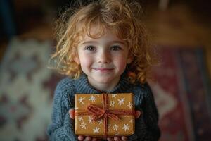 child carefully wraps handmade gift for their mother using wrapping paper adorned hand drawn stars bringing joy holiday atmosphere photo