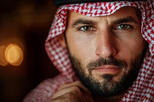 man stands in front of mirror adjusting his ghutra and black agal. He is focused and readying himself for Friday prayer reflecting his cultural traditions photo
