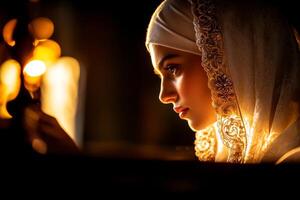 Muslim woman is fastening decorative brooch on her hijab while looking into softly illuminated dressing table mirror preparing for festivities of Eid al Fitr photo