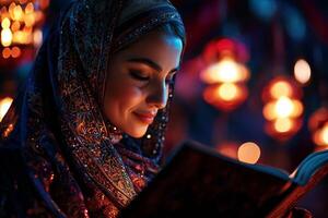 mother experiences touching moment as she reads heartfelt Eid card from her child. Her emotional smile is surrounded twinkling lanterns and festive decorations celebrating family bonds photo