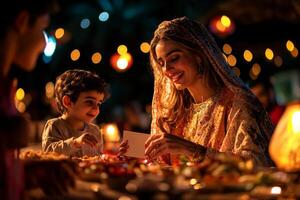 In warm and festive atmosphere mother smiles emotionally as she reads heartfelt Eid card from her child surrounded twinkling lanterns and holiday treats photo