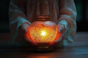 child carefully sets small glowing lantern on table contributing festive decorations for upcoming Ramadan gathering home. Family traditions create joyful atmosphere photo