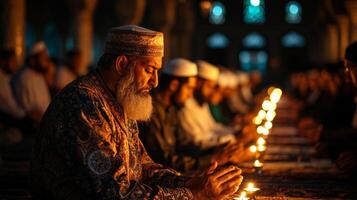 In historic mosque congregation participates in Taraweeh prayers soft moonlight filtering through arches creating peaceful and reflective atmosphere during Ramadan nights photo