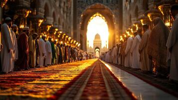 congregation engages in Taraweeh prayers in historic mosque during Ramadan illuminated soft moonlight shining through arches creating peaceful ambiance photo