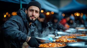 Volunteers gather outdoors during Ramadan provide steaming plates of food those in need. iftar event showcases community support and shared values among Muslims photo