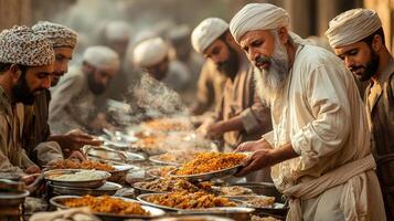 Muslim volunteers distribute steaming plates of food those in need during outdoor iftar gathering. atmosphere reflects generosity and community spirit during Ramadan photo